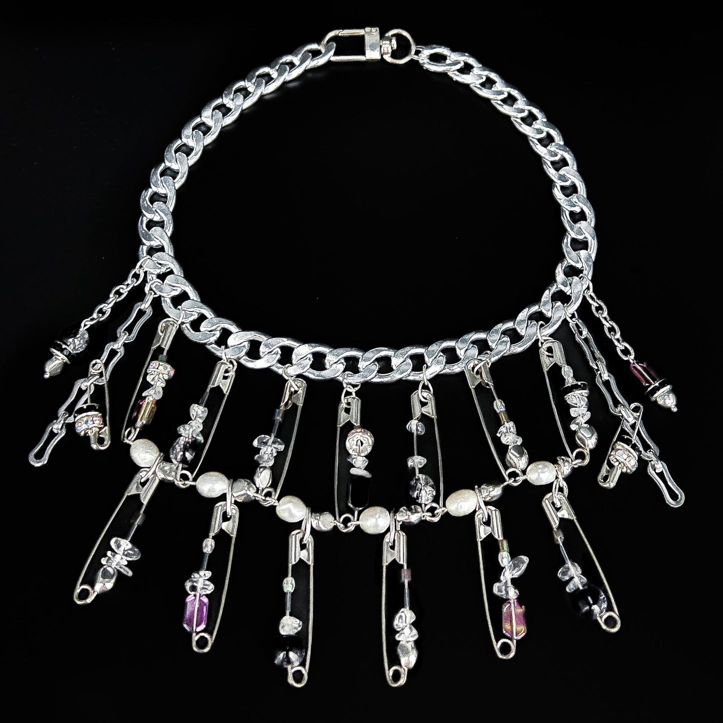 Safety pin cross pearl chain necklace