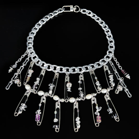 Safety pin cross pearl chain necklace